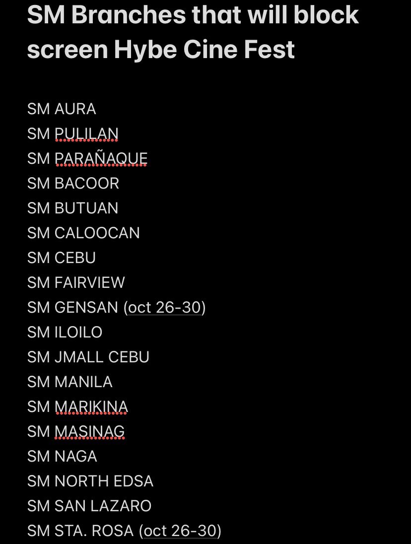 lovingsvntn's tweet photo. hii, these are the list of SM Cinemas that will block screen Hybe Cine Fest!! https://t.co/MfqbbETFrb
