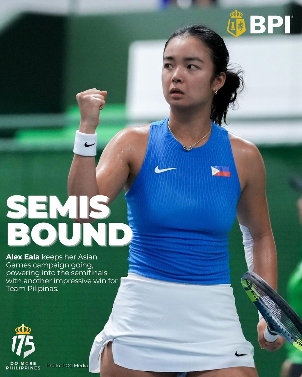 TalktoBPI's tweet photo. Another big win for Alex Eala at the Asian Games! 🇵🇭🎾

She’s now through to the semifinals and one step closer to bringing home that gold medal 🥇 for Team Pilipinas.

Laban, Alex! The whole nation is rooting for you and Team Pilipinas all the way. ♥️🇵🇭 https://t.co/kcNSNRcCdb