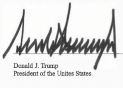 A signature labeled "Donald J. Trump, President of the Unites States" — with "United" misspelled as "Unites" — illustrates the post's point about the typo in the AI agreement signed by Trump and US tech leaders.