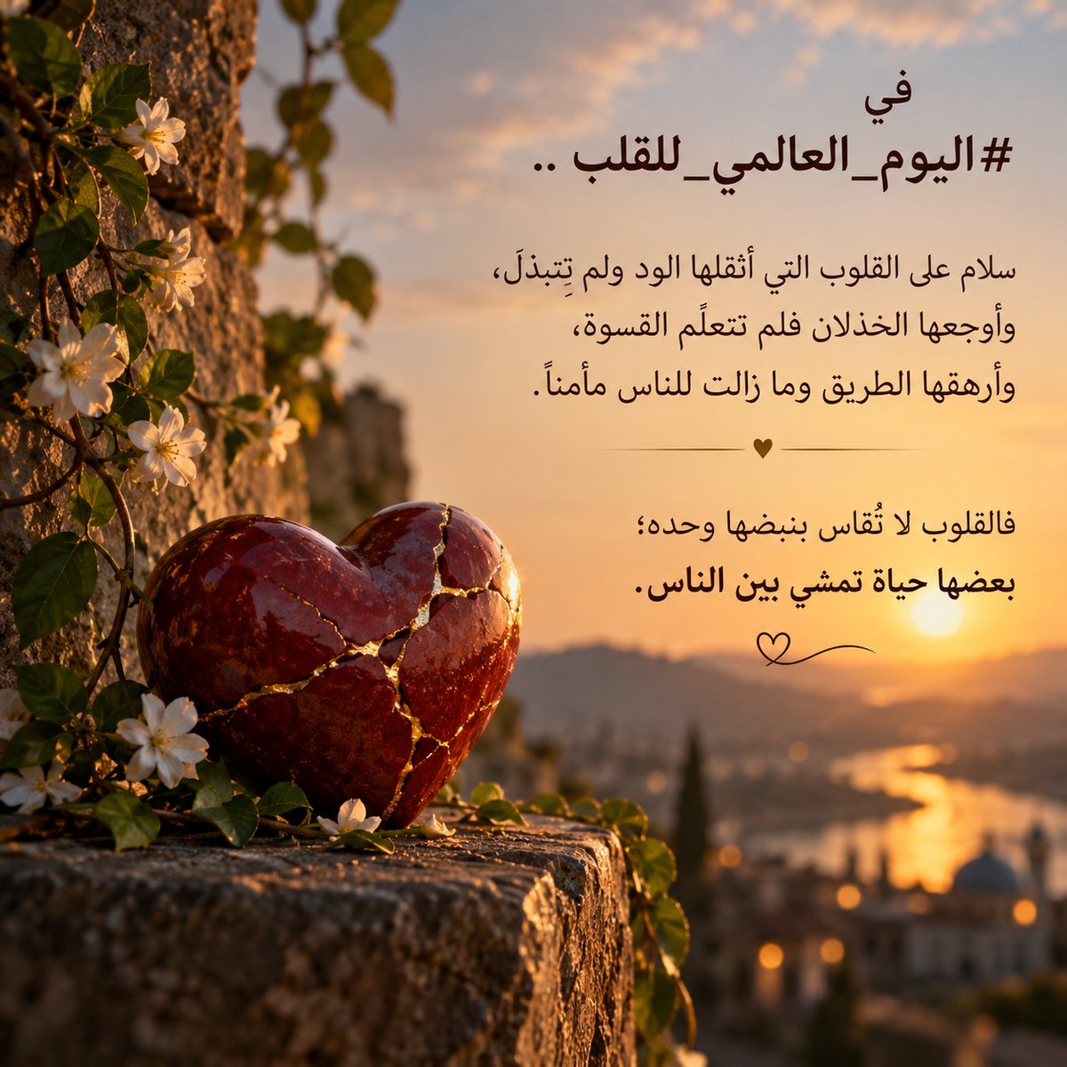 elxx999's tweet photo. @eudhbatant .
..
في #اليوم_العالمي_للقلب..

سلام على القلوب التي أثقلها الود ولم تتبدل ..
وأوجعها الخذلان فلم تتعلم القسوة ..
وأرهقها الطريق وما زالت للناس مأمنا ..

فالقلوب لا تُقاس بنبضها وحده ..
بعضها حياة  ..
        تمشي بين الناس .. 🤍

#ح_الباني𓃗 https://t.co/sy2bW04R80