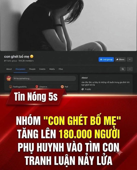 A news graphic in Vietnamese ('Tin Nóng 5s') reporting that the Facebook group 'con ghét bố mẹ' (Hate Parents) grew to 180,000 members, showing a screenshot of the group page above the headline.