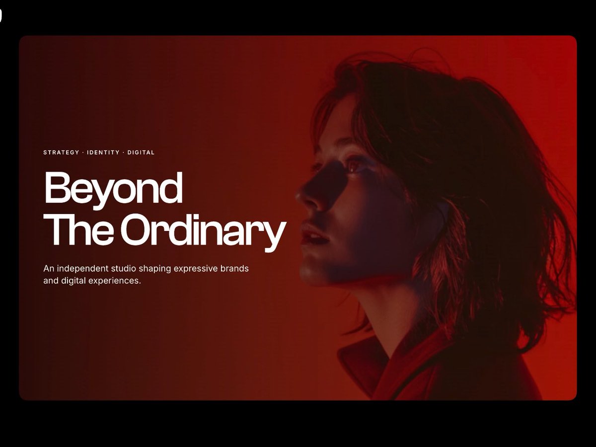 A red-tinted promotional image for a studio, featuring a woman in profile and the text 'STRATEGY · IDENTITY · DIGITAL Beyond The Ordinary An independent studio shaping expressive brands and digital experiences.'