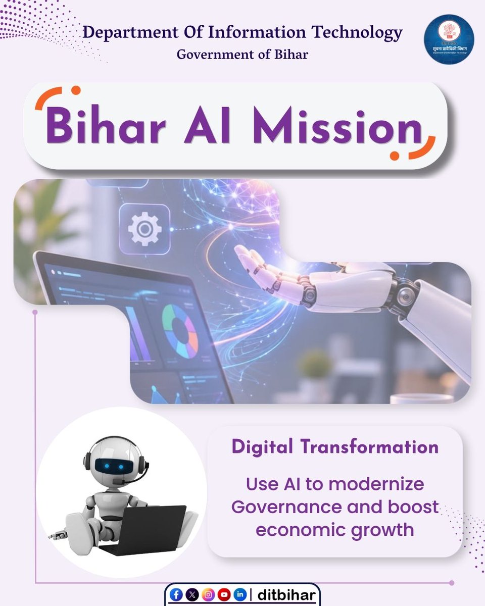 DitBihar's tweet photo. Bihar is ready for the AI era, From smarter governance to new opportunities for growth, the Bihar AI Mission is about using technology to build a more efficient, innovative and future ready Bihar.

AI for progress, Technology for Bihar

@mishranitish 
@AbhaySinghIAS 
@IPRDBihar 
@OfficialINDIAai 

#BiharAIMission #AIInBihar #FutureReadyBihar #DigitalBihar #BiharGrowth #BiharIT #AIForGovernance #TechInBihar #InnovationInBihar #ProudBihar #NewBihar