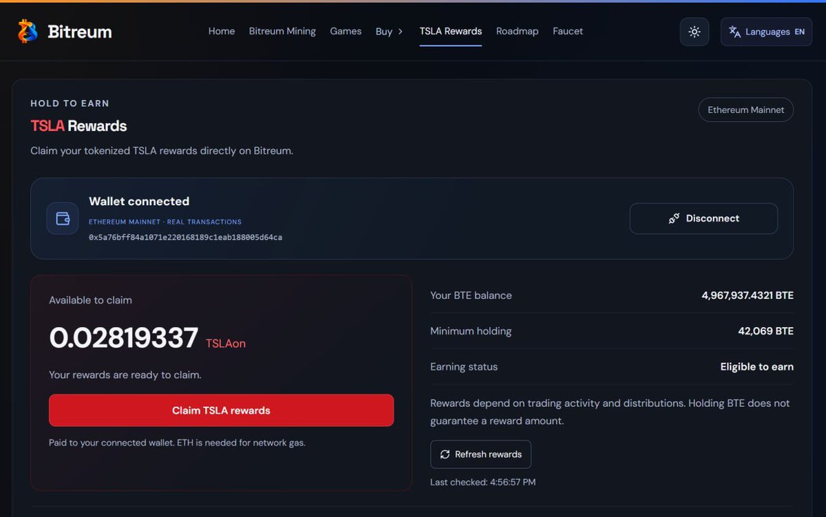vitashi_69's tweet photo. $BTE holders, checking your rewards just got easier! 🧡💙

You can now check and claim your tokenized $TSLA rewards directly on the Bitreum website.

Connect your Ethereum wallet, view your available rewards, and claim when ready.

Hold at least 42,069 $BTE to qualify for earning rewards. Rewards depend on trading activity and distributions. ETH is needed for claim gas fees.

👉 https://t.co/LMKcH3vv5B

Bitcoin. Ethereum. Fused into one.