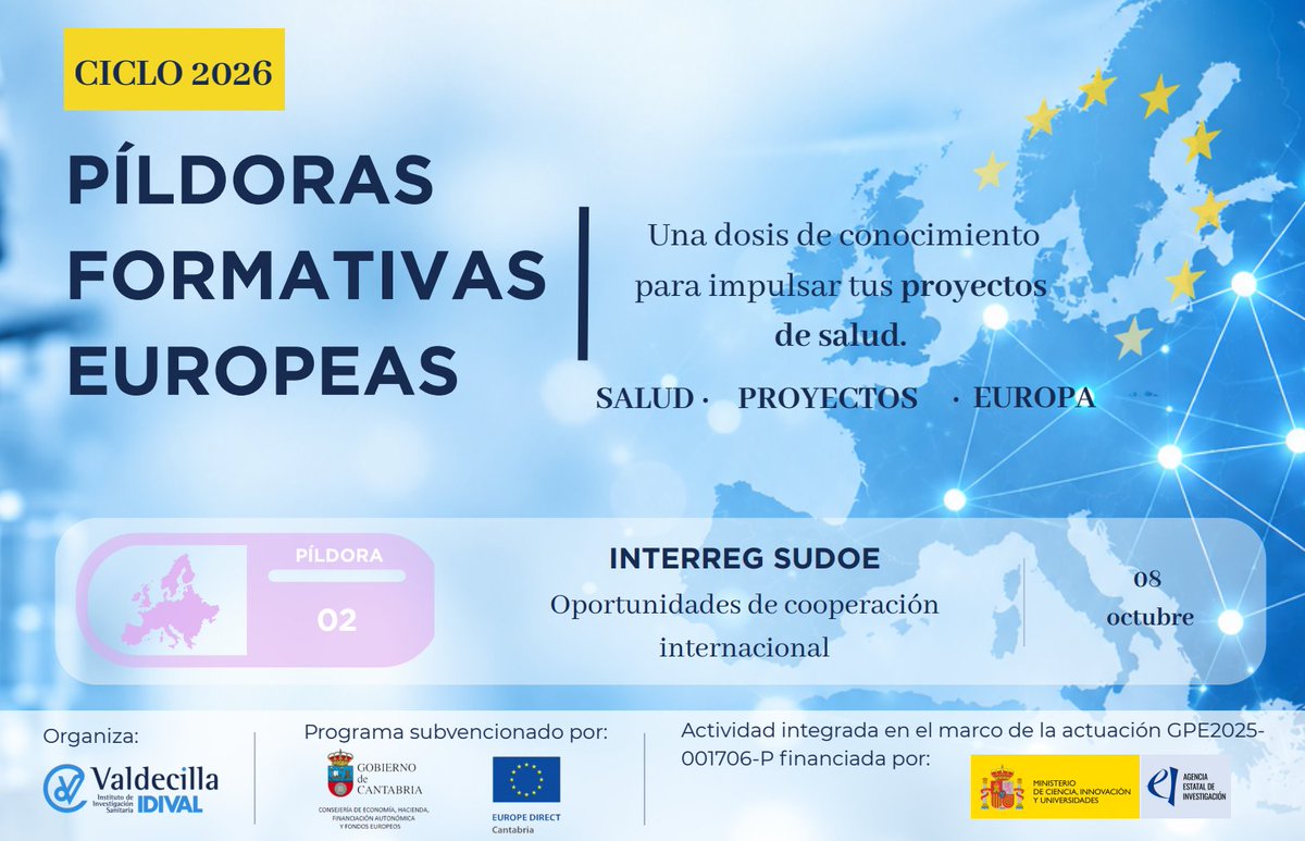 IDIVALdecilla's tweet photo. 🌍 El próximo 8 de octubre, nueva sesión del Ciclo de Píldoras Formativas Europeas 2026 de @IDIVALdecilla:

🔹 @6Sudoe: Oportunidades de Cooperación Internacional

💻 Online y gratuita.

👉 Inscripciones: https://t.co/cfI1c0rOAm

#IDIVAL #ProyectosEuropeos #INTERREG #SUDOE https://t.co/A4t4gQ8UiJ