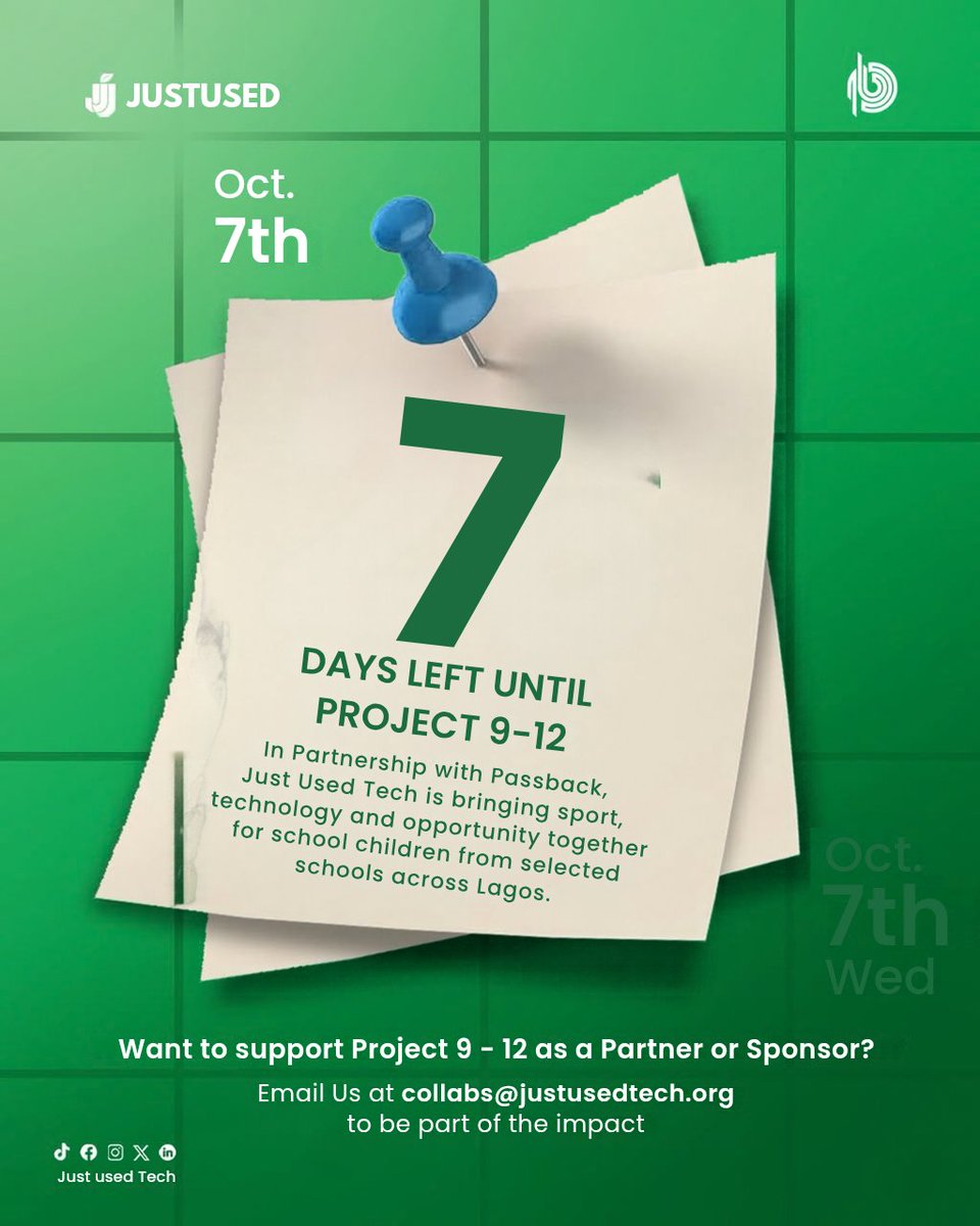 JustusedTech's tweet photo. 7 DAYS TO PROJECT 9–12! 🏆
Lagos, we’re officially one week away!
On 7 October 2026, students from 10 schools across Lagos will come together for Project 9–12, a day where technology, sports, sustainability and youth empowerment meet.
#project912 #circulareconomy #sport #sdg https://t.co/c76jwY0yqb