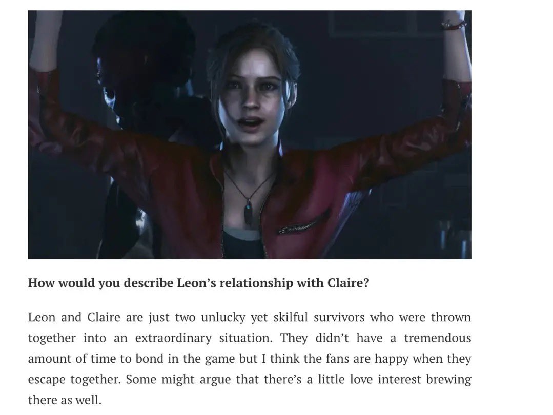redfieldfiles's tweet photo. @ada_nism_ @Gojo_Utahime well if that’s how you wanna play i guess. ironically the interview you showed is literally acknowledging that claire and leon would be the most obvious pairing for them to put together. both have hints and both are implied pairings in many of the franchise’s mediums. https://t.co/DlawIWl53t