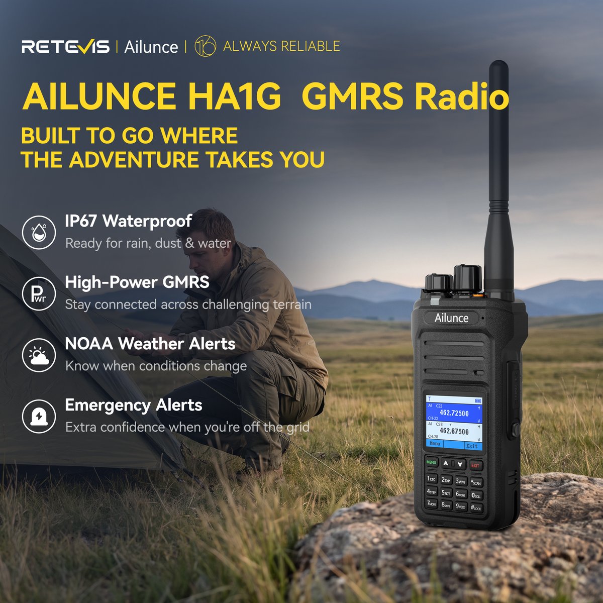 ailunce's tweet photo. Off-grid? 🏕️ The connection still matters. 📡 Ailunce HA1G brings 💧 #IP67, 💪 high-power GMRS, 🌦️ #NOAA Weather Alerts, and 🚨 Emergency Alerts. 🥾 
#AilunceHA1G #GMRS #waterproof #twowayradio #walkietalkie #fielddays #edc #portableradio https://t.co/So258zlvoV
