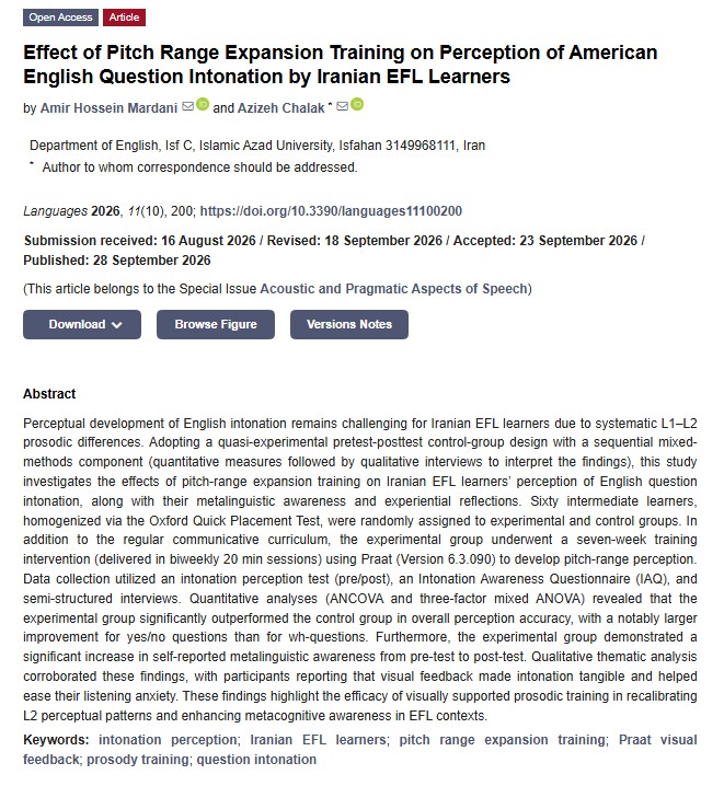 Languages_MDPI's tweet photo. 📢Read Our Newly Published Article!🔥
📑Effect of Pitch Range Expansion Training on Perception of American English Question Intonation by Iranian EFL Learners
👤Authors: Amir Hossein Mardani and Azizeh Chalak
🔗https://t.co/MSBZQGpBQT
#LanguagesMDPI #IntonationPerception https://t.co/ssVrVICzTa