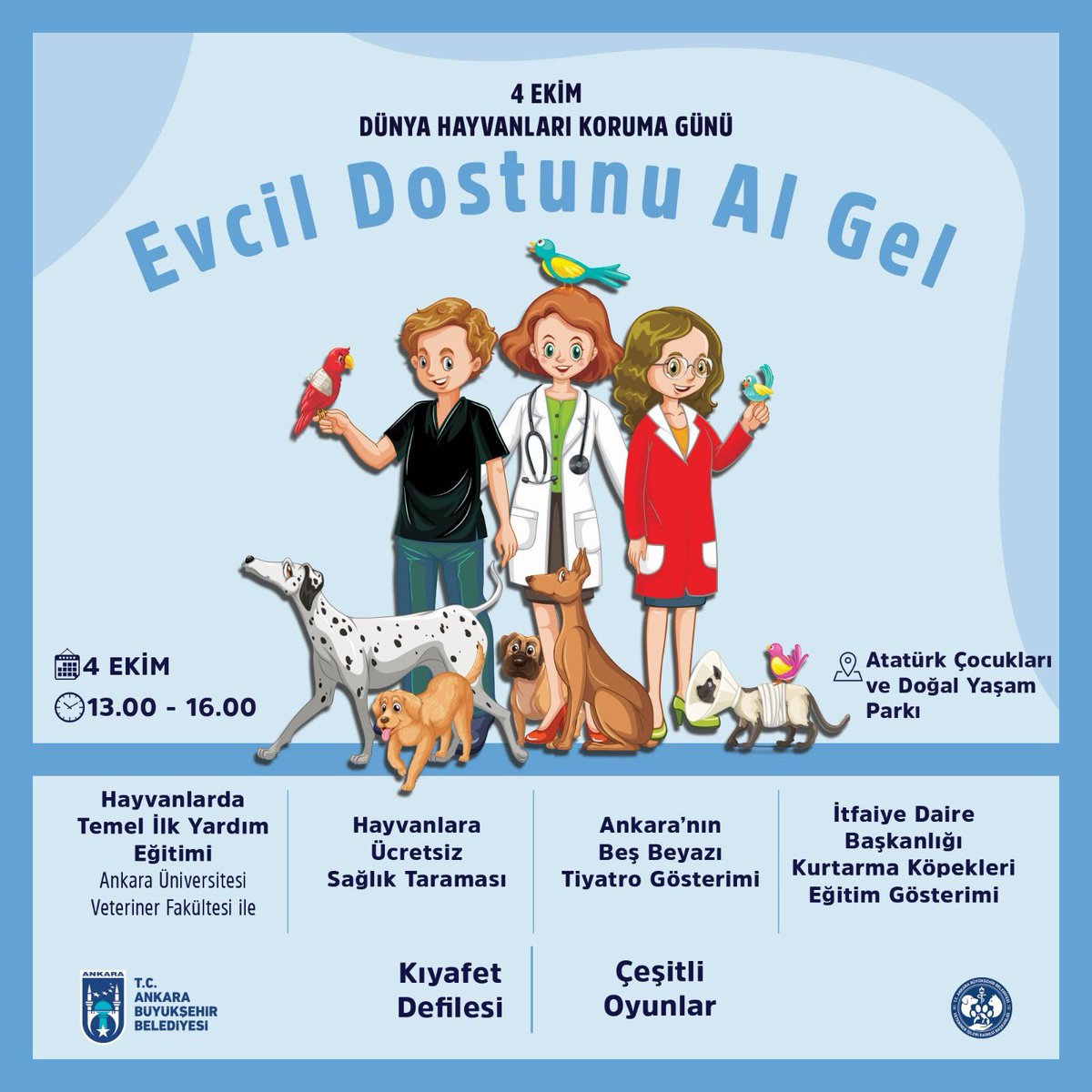 ankarabbld's tweet photo. 4 Ekim Dünya Hayvanları Koruma Günü’nde hayvansever Başkentlileri 13.00-16.00 saatleri arasında Atatürk Çocukları ve Doğal Yaşam Parkı’nda düzenleyeceğimiz “Evcil Dostunu Al Gel” etkinliğinde buluşturuyoruz. 

Hayvan sağlığı ve ilk yardım eğitimlerinin yanı sıra tiyatro gösterisi, arama kurtarma köpeklerinin gösterileri ve evcil hayvan kıyafet defilesi de etkinlikte yer alacak.