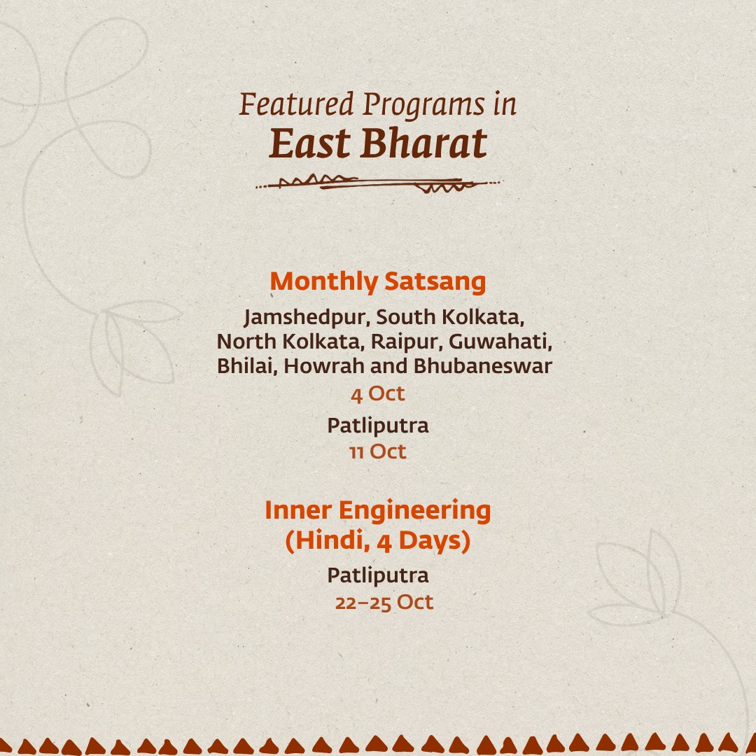 ishafoundation's tweet photo. In a continuing effort to offer at least one drop of spirituality to every human being on the planet, Isha programs and events are happening across Bharat this Oct.

Explore programs near you: https://t.co/67puEBQ0SB https://t.co/gmdwFBUIZB