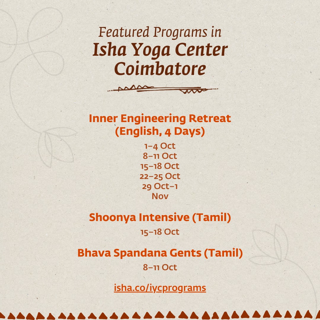 ishafoundation's tweet photo. In a continuing effort to offer at least one drop of spirituality to every human being on the planet, Isha programs and events are happening across Bharat this Oct.

Explore programs near you: https://t.co/67puEBQ0SB https://t.co/gmdwFBUIZB