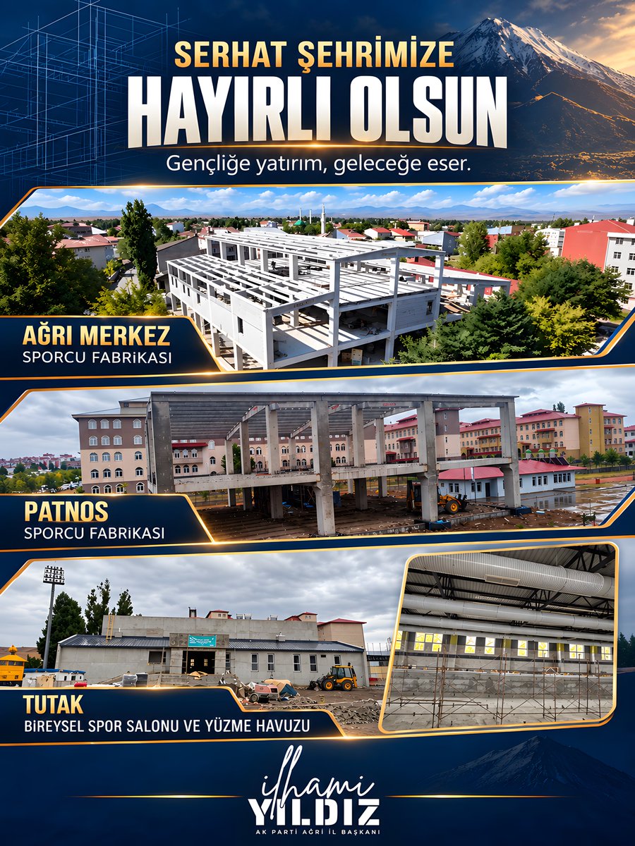 Dtilhamiyildiz's tweet photo. Serhat şehrimiz Ağrı’yı spor yatırımlarıyla güçlendirmeye, gençlerimizin geleceğine eser kazandırmaya devam ediyoruz.

🏗️ Ağrı Merkez Sporcu Fabrikası
🏗️ Patnos Sporcu Fabrikası
🏗️ Tutak Bireysel Spor Salonu ve Yüzme Havuzu

Yapımı devam eden bu önemli yatırımlar; gençlerimizin yeteneklerini geliştirebileceği, sporla büyüyüp geleceğe daha güçlü hazırlanabileceği modern alanlar olacak.

Şehrimize ve gençlerimize değer katan bu güzide eserlerin Ağrı’mıza hayırlı olmasını diliyor, emeği geçen herkese teşekkür ediyorum.

Serhat şehrimize hayırlı olsun.
