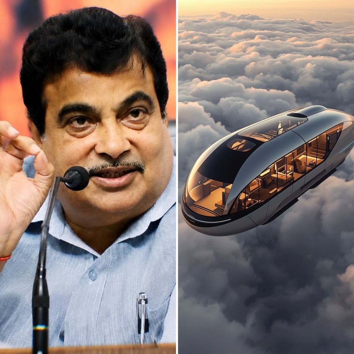 Lensofindia_'s tweet photo. 🚨Nitin Gadakari says: 
"I want to run a bus that flies in the air."

• As part of his push for futuristic transport like aerial pods and vertical take-off systems to cut urban congestion. https://t.co/BF1oLAA6OD