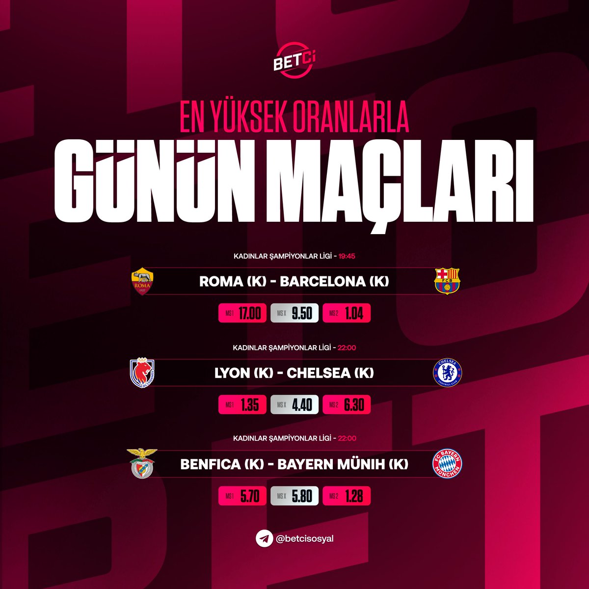 bettcsosyl's tweet photo. ⚽️ Günün Maçları !

🔥 Roma (K) - Barcelona (K)
🔥 Lyon (K) - Chelsea (K)
🔥 Benfica (K) - Bayern Münih (K)

En heyecanlı karşılaşmalar ve en yüksek oranlar her zaman Betci’de! https://t.co/m81F8vLbZZ