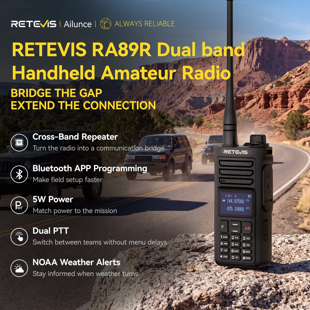 ailunce's tweet photo. Built to travel. 🚙📡 #RETEVISRA89R brings 🔁 #CrossBandRepeater, 🎙️ #Dual PTT, 📲 #Bluetooth App Programming, and 🌦️ #NOAA Weather Alerts. 🗺️ 

#HamRadio #amateurradio #twowayradio #convoy #jeep #4X4 https://t.co/sqd0nz2E7P