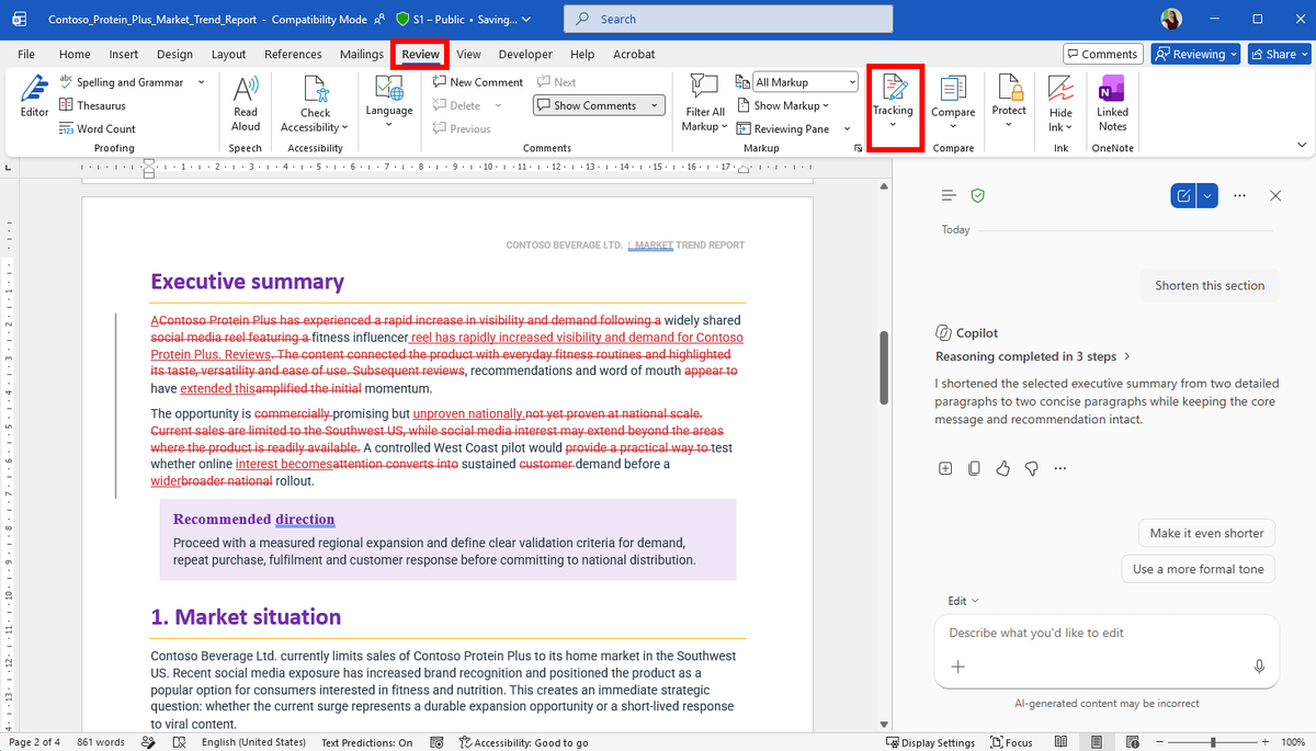 LearnCopilot's tweet photo. Letting Copilot edit a report you've spent hours on feels risky. 

In Word, turn on Track Changes first (Review > Track Changes)

Every Copilot edit then shows up as a tracked revision, so you can accept or reject each change just like feedback from a colleague. https://t.co/bN9q9SCyu7