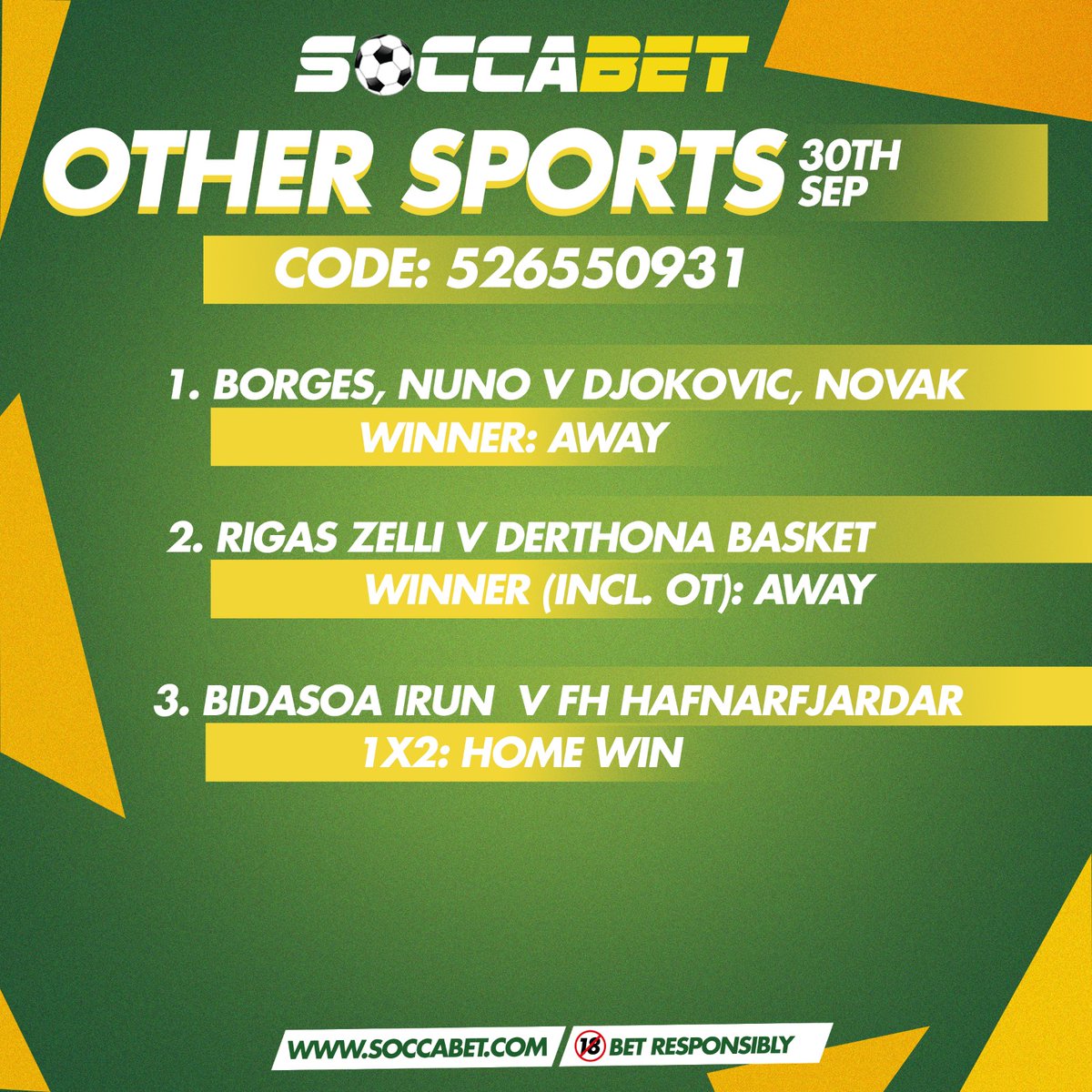 soccabet's tweet photo. Its midweek, let's make some cash. The day's predictions are ready and they look very good.... Choose between Safe, Favourites, Thriller and Other Sports predictions and bet responsibly on the soccabet app. #betwithsoccabet #betresponsibly🔞 https://t.co/e6X8BGWaZl