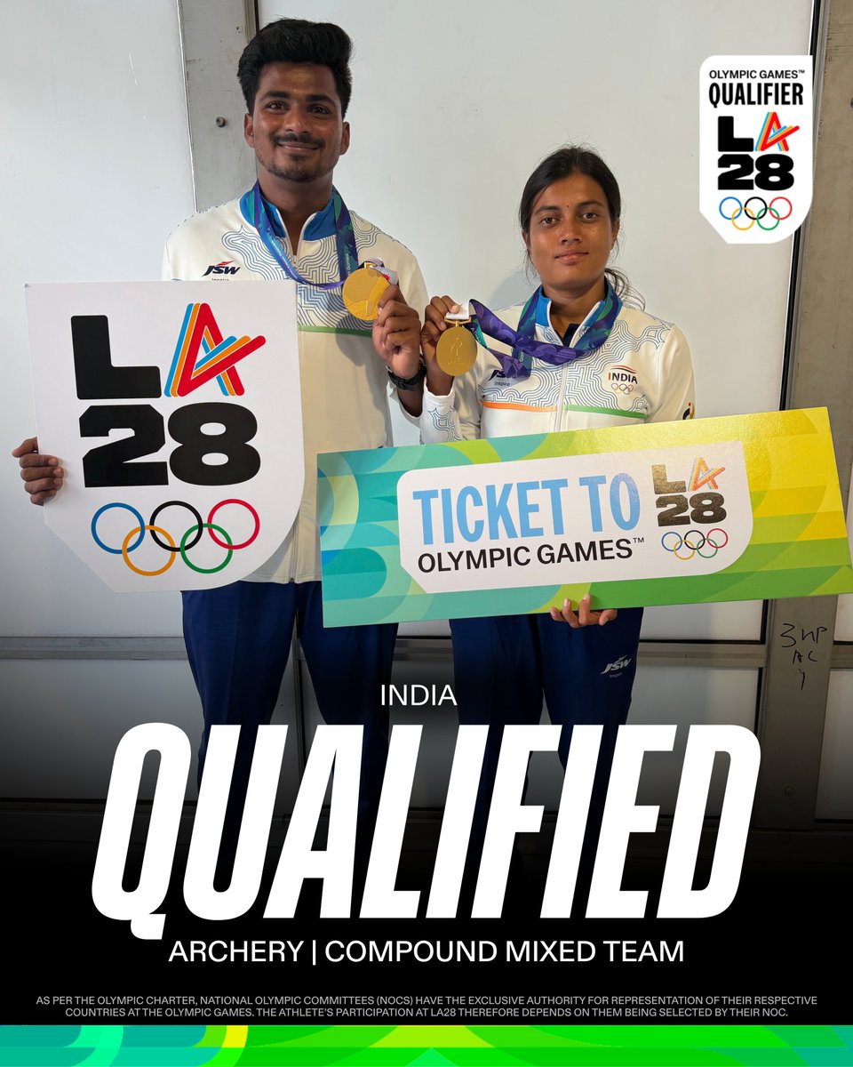 Olympics's tweet photo. A historic moment for Indian archery! 🏹🇮🇳

🎯 Compound archery will make its Olympic debut at #LA28, and Sahil Rajesh Jadhav and Chikitha Taniparthi's gold medal at the Asian Games has obtained a quota spot for India.

#Olympics #RoadToLA28 #OlympicQualifiers #AsianGames #AichiNagoya2026