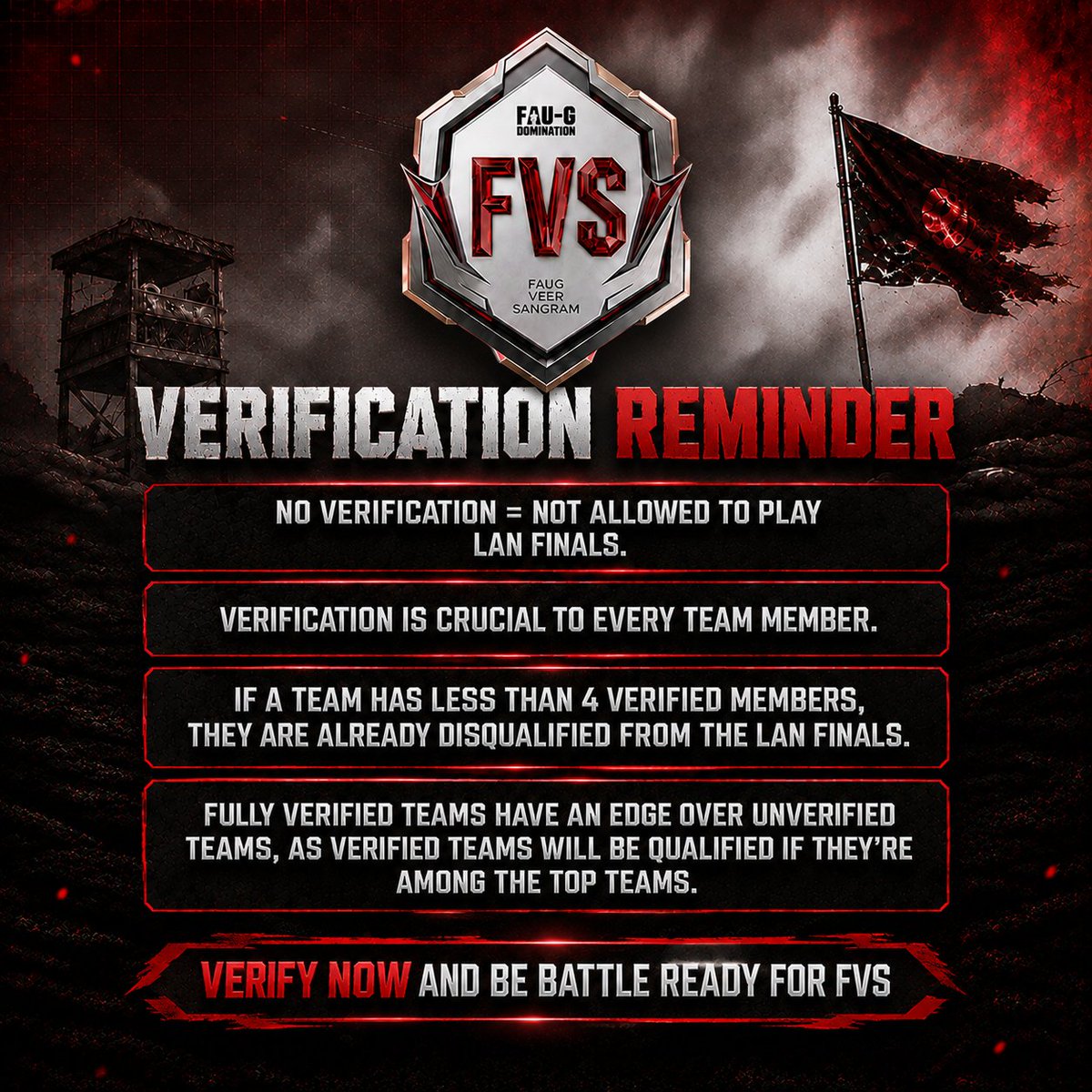 FAUGDomination's tweet photo. No verification = Lose the chance to play FVS LAN Finals.

Get your team members verified on priority today!

#FAUGDomination #FVS #MilitaryShooter #MadeinIndia https://t.co/stfYWzWzIj