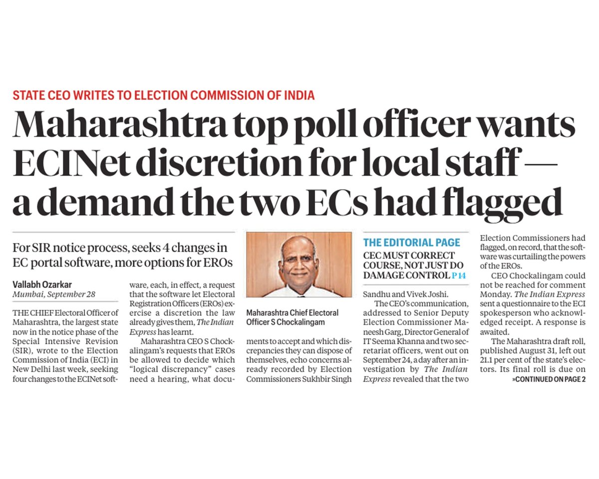 INCMaharashtra's tweet photo. आता महाराष्ट्राचे मुख्य निवडणूक अधिकारी एस. चोक्कलिंगम यांनी ज्ञानेश कुमार यांच्या ‘वोट चोरी’च्या खेळावर प्रश्नचिन्ह उपस्थित केले आहे.

एस. चोक्कलिंगम यांनी म्हटले आहे की, ERO ला निर्णय घेण्याचा अधिकार दिला पाहिजे, ECINet सॉफ्टवेअरला नाही.

एस. चोक्कलिंगम यांनी ECINet संदर्भात चार मागण्या मांडल्या आहेत:

• योग्य कागदपत्रे सादर केल्यास सुनावणी माफ करण्याचा पर्याय असावा, जेणेकरून ज्येष्ठ नागरिक आणि दिव्यांग व्यक्तींना कार्यालयात जावे लागू नये.

• १३ निश्चित कागदपत्रांव्यतिरिक्त ‘इतर कागदपत्रे’ही स्वीकारण्याची मुभा असावी, कारण आदिवासी, बेघर आणि इतर काही नागरिकांकडे हीच कागदपत्रे उपलब्ध नसतात.

• गोंधळाच्या किंवा संशयास्पद प्रकरणांवर ERO स्वतः निर्णय घेऊ शकतील, प्रत्येक वेळी जिल्हाधिकाऱ्यांकडे प्रकरण पाठवण्याची गरज भासू नये.

• प्रत्येक प्रकरणात जुनी SIR मतदार यादी स्वतंत्रपणे अपलोड करणे अनिवार्य नसावे.

लक्षात ठेवा, सुखबीर सिंह संधू आणि विवेक जोशी यांनीही ECINet सॉफ्टवेअरला विरोध केला होता; मात्र ज्ञानेश कुमार यांनी त्यांच्या आक्षेपांकडे दुर्लक्ष केले.

विविध राज्यांतील निवडणूक अधिकारी आता या विरोधाची भूमिका मांडत आहेत. त्यामुळे ज्ञानेश कुमार यांनी राजीनामा द्यावा, हाच आता त्यांच्यासमोर उरलेला मार्ग आहे.