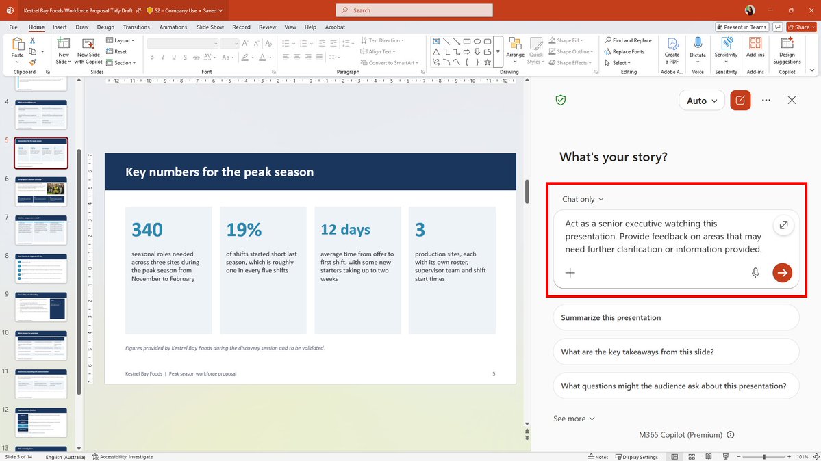 LearnCopilot's tweet photo. Find the gaps in your deck before your audience does 👩‍🏫 
Set Copilot to Chat only in your PowerPoint presentation and try a prompt like this to gather feedback:
"Act as a [audience or customer name] watching this presentation. Provide feedback on areas that may need further clarification or information provided."