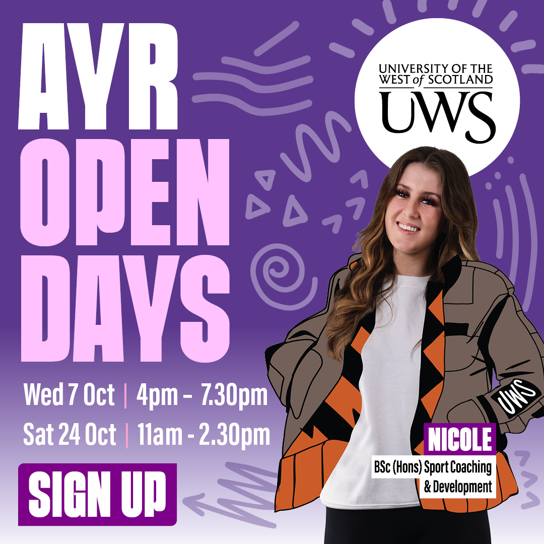 UniWestScotland's tweet photo. This is your one week reminder for our Ayr Open Day! Join us on campus to explore our courses in Nursing, Sport, Creative Industries and Education.

Book now: https://t.co/G5BNpyCJQ2 https://t.co/A7OF7q0oGw