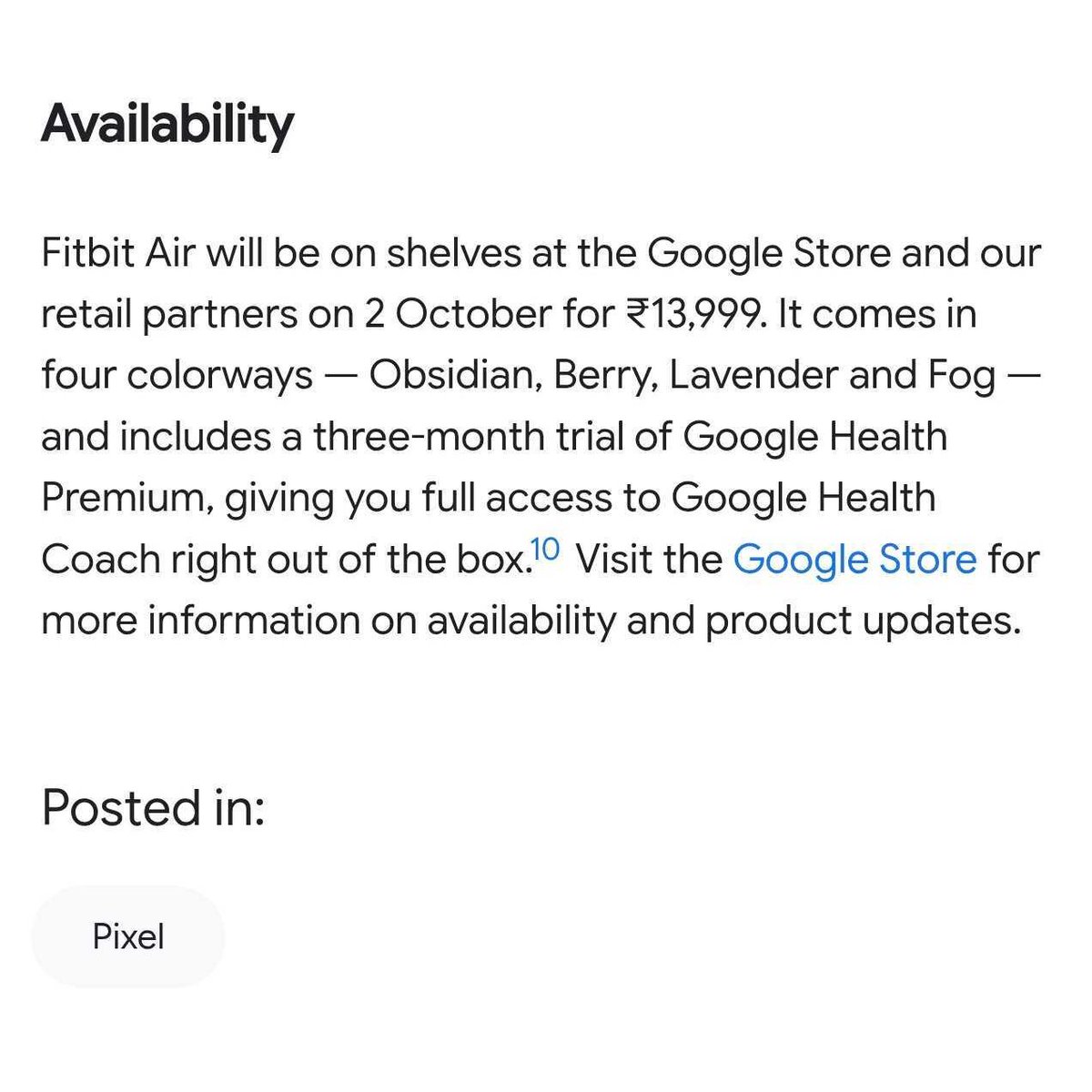 Sillycorns's tweet photo. 🚨 It’s Official! Fitbit Air is set to launch in India on 2nd October.

It costs ₹13,999 and comes with just 3 months of Google Health Premium.

But Jio users can get 18 months of Google AI Pro with the ₹3,599 annual plan, which already includes Google Health Premium.

So you can get the full Fitbit Air experience without paying extra for Health Premium. 😉