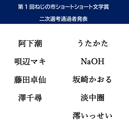 Nezinoichi's tweet photo. 【特報】
第1回ねじの市ショートショート文学賞
応募数59名108作からの
一次選考通過者
二次選考通過者
を発表！
猛者ばかりでたいへんでした。
泣く泣く選べなかった方々も。
10日に最終候補4名を発表予定。
※二次通過の方は最終候補に残る可能性があるためタイトルは公表なさらぬようご注意ください https://t.co/152CPetGer