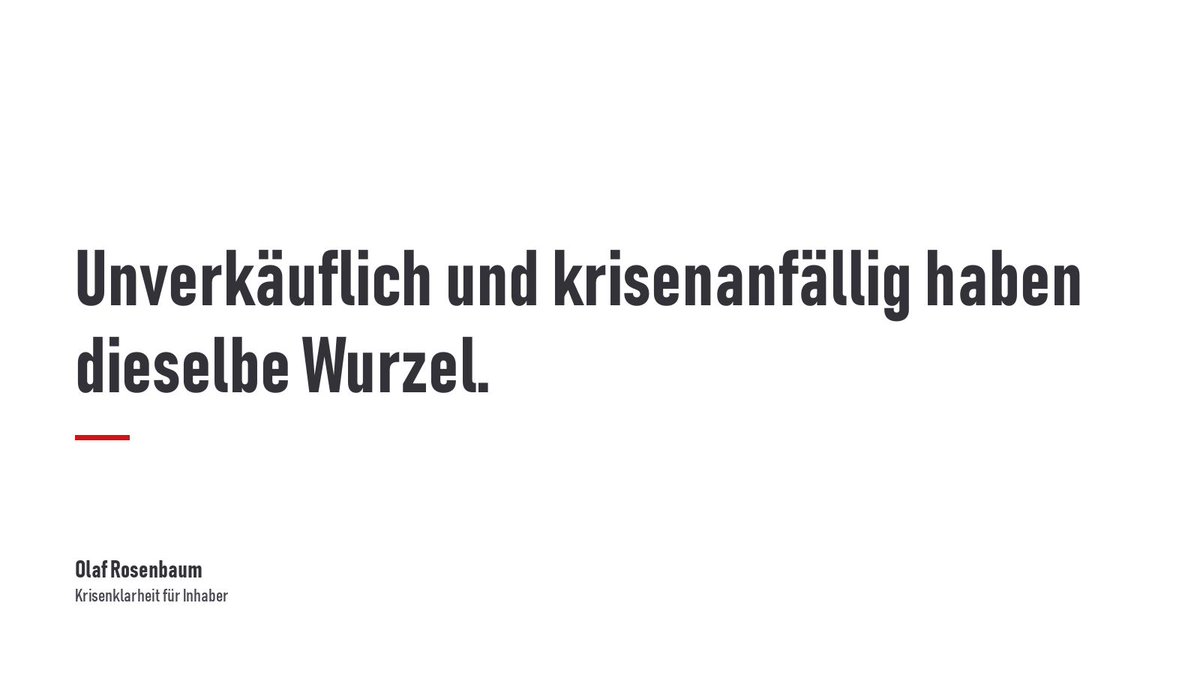 orosenbaum's tweet photo. Unverkäuflich und krisenanfällig haben dieselbe Wurzel.

Drei Käufer-Fragen – wortgleich meine Fragen in einem Betrieb in Schieflage:
1. Wovon lebt er in fünf Jahren?
2. Läuft er ohne den Chef?
3. Belegen die Zahlen, was verdient wird?

Die Wurzel: Verlust von Steuerbarkeit. https://t.co/bvnpBEd74c