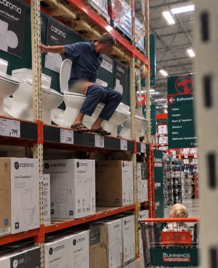 PooWillRatioYou's tweet photo. A man dubbed “Fecalangelo” has been caught on camera dropping a hot one in front of his son at a Bunnings Warehouse in Coffs Harbour.

Staff said they’d expected the serial display-toilet pooper to strike after 27 other stores reported recent incidents, with Armidale, Ballina and Grafton all hit earlier this week by the same man.

Coffs staff had raised the display toilets off the ground as a proactive measure; unfazed, the man scaled the display and crimped one off in an unplumbed toilet. 

An email from Bunnings has directed staff to cover every display bowl with Glad Wrap as a preventative measure.