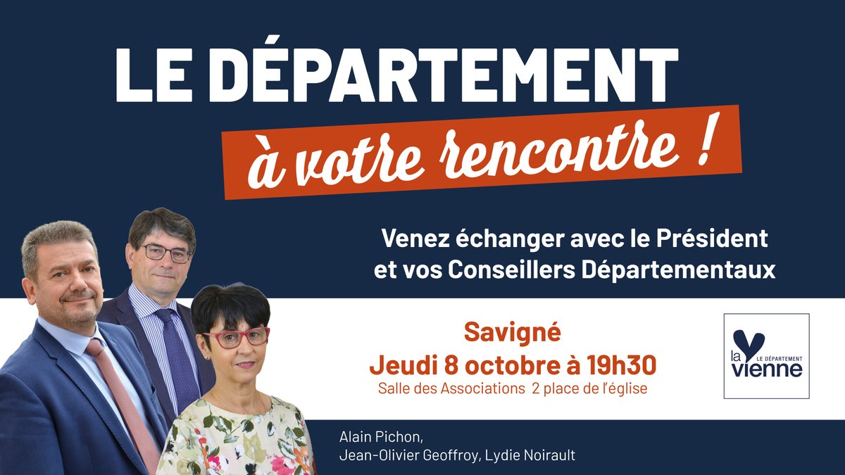 departement86's tweet photo. #Proximité | Le Département vient à votre rencontre à Savigné 👀

🗣️ Venez échanger avec Alain Pichon, Lydie Noirault et Jean-Olivier Geoffroy sur les projets et enjeux de notre territoire

Un temps ouvert à tous pour poser vos questions, partager vos idées et discuter de l’avenir de votre canton 🙌