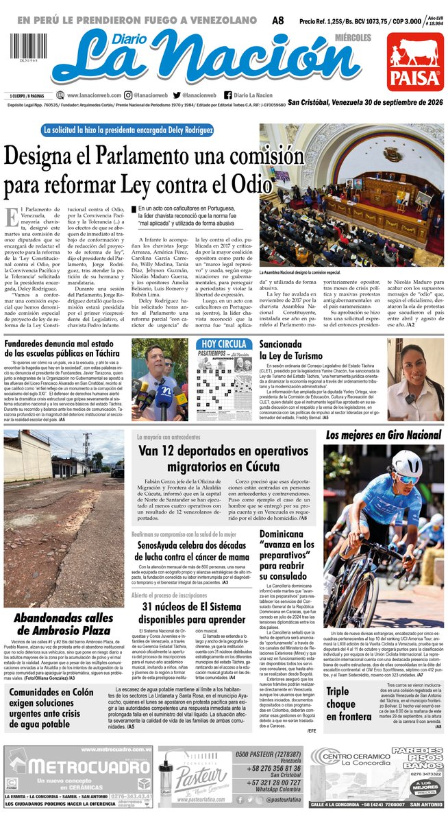 lanacionweb's tweet photo. Primera página de Diario La Nación #Táchira https://t.co/HLMJ9M1Q2v