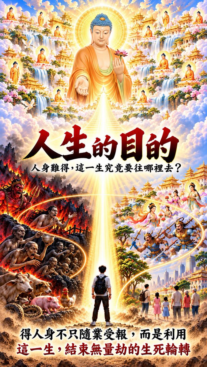 sdnftsdnftsdnft's tweet photo. 《人生的目的》
平凡人每天為三餐、工作、家庭操心，常想：「如果我有錢，人生應該就沒有煩惱了。」可是看看富豪，住豪宅、坐名車，不必為三餐發愁，卻一樣會老、會病、會失去親人。原來有錢與沒錢，只是福報不同，生老病死卻人人相同。
所以平凡人就好好工作，富豪好好經營，各自把眼前的日子過好；但無論貧富，都別忘了替生命的下一程做準備。如果忙了一輩子，最後仍然隨業受報，難得的人身就可惜了。
念佛不用離開生活，有空就念「南無阿彌陀佛」，讓將來也有一個好去處；願乘佛願力往生極樂，這一生就沒有白來了。