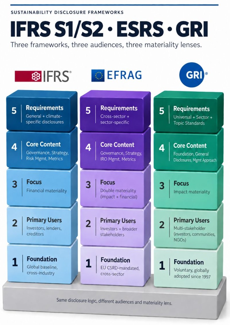 merit_global's tweet photo. Same sustainability issues. Different lenses.

IFRS S1/S2 → Financial materiality
 ESRS → Double materiality
 GRI → Impact materiality

Different questions, audiences and reporting purposes - but often the same underlying evidence base.

#IFRSS1 #IFRSS2 #ISSB #ESRS #GRI #ESG https://t.co/gkpmJSXNU9