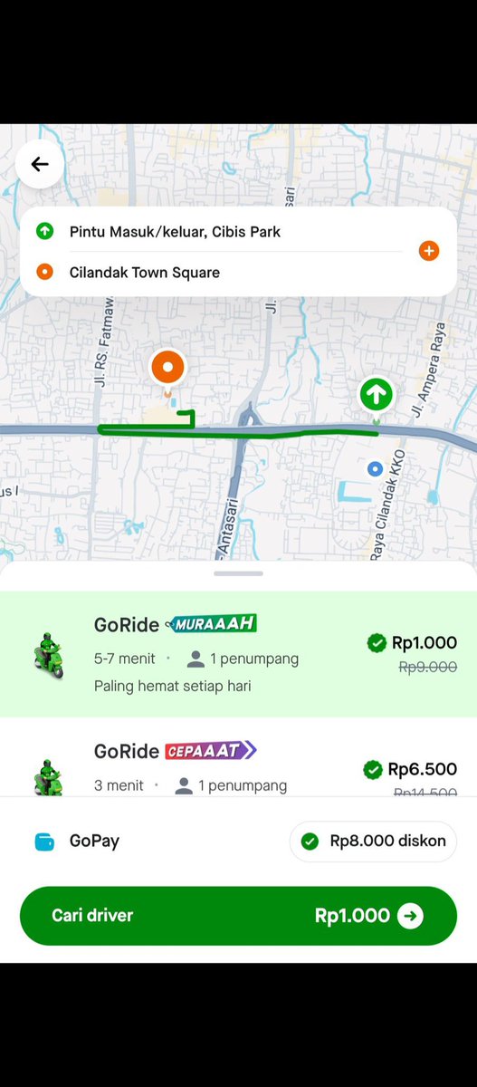 Apriliaabsdu's tweet photo. Nih gak percaya ?? Cek rute ini juga muncul harga seribu, Gojek 1000 Diaplikasi GoPay lumayan banget buat jalan-jalan https://t.co/xABC0jMSaO