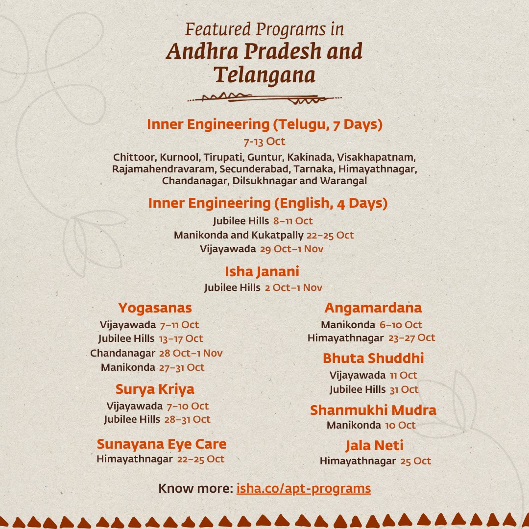 ishafoundation's tweet photo. In a continuing effort to offer at least one drop of spirituality to every human being on the planet, Isha programs and events are happening across Bharat this Oct.

Explore programs near you: https://t.co/67puEBQ0SB https://t.co/gmdwFBUIZB