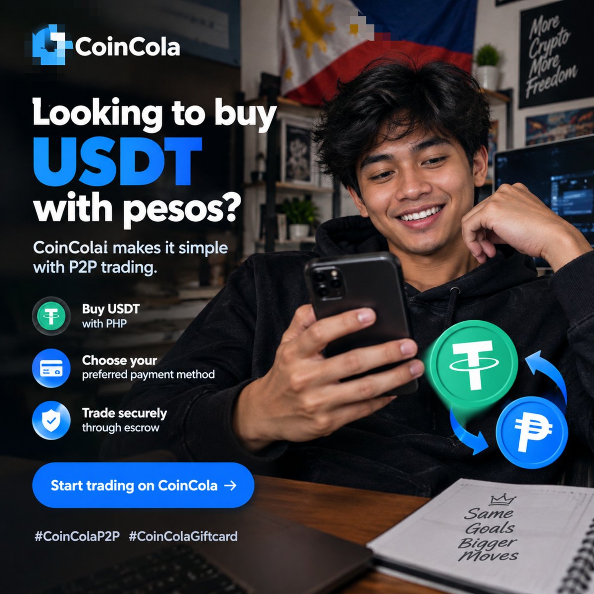 sl33k_1's tweet photo. 🇵🇭 Looking to buy USDT with pesos?
CoinCola makes it simple with P2P trading.
Buy USDT with PHP, choose your preferred payment method, and trade securely through escrow.
Start trading on CoinCola.
#CoinColaP2P #CoinColaGiftcard https://t.co/8TS5Sp1lr7