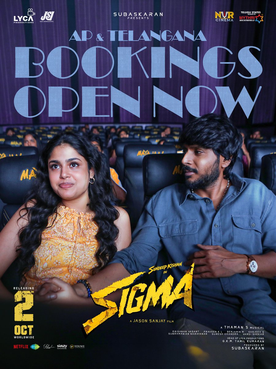 MythriRelease's tweet photo. Your ticket to a thrilling quest filled with action, and adventure is here ❤️‍🔥❤️‍🔥
#Sigma AP & Telangana Bookings Open Now. ⚡️

🎟️ https://t.co/fYYX2jH20m

#SigmaInCinemasOct2
Telugu States Release by @mythrirelease ✨

@official_jsj @LycaProductions #Subaskaran @gkmtamilkumaran @sundeepkishan @MusicThaman @fariaabdullah2 @CatherineTresa1 #RajuSundaram #SampathRaj @shivpanditt @follow_anbu @yogjapee @MagaAnan @sheelaActress #Kamalesh #KiranKonda @Cinemainmygenes @krishnanvasant @Dir_sanjeev #BenjaminM @hariharalorven @venkataction1 @silvastunt @casey_surya24 @ananth_designer #ShadabRayeen @SureshChandraa @UrsVamsiShekar @AbdulNassarOffl @DoneChannel1 @Netflix_INSouth @saregamasouth