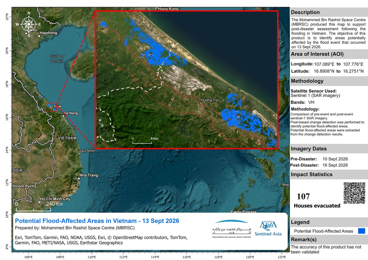Sentinel_Asia's tweet photo. On 14 September 2026 (UTC), in response to the effects of flooding on Vietnam, @Sentinel_Asia was activated at the request of #MAE. Information has been uploaded to the Sentinel Asia website.
https://t.co/fsxTnDAO7P
Map produced by #MBRSC https://t.co/0ZvtDNJFYZ