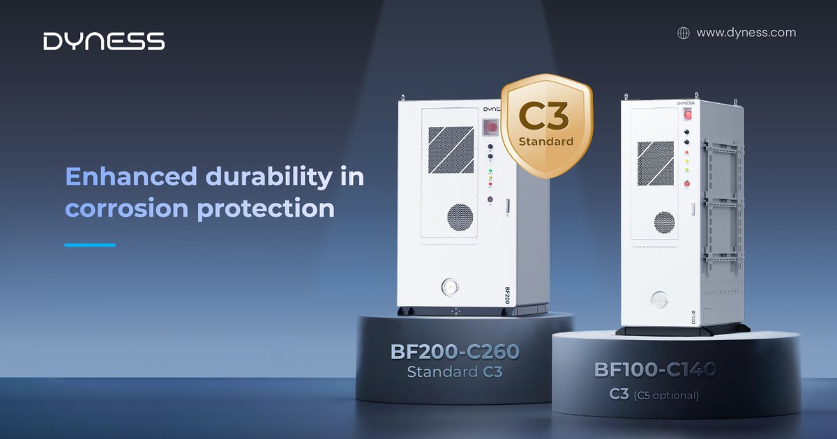 DynessESS's tweet photo. ⚡ Built for Tough Outdoor Conditions.

Dyness BF100-C140 &amp; BF200-C260 feature enhanced corrosion protection for reliable, long-term C&amp;I energy storage.

🔹 BF200-C260: Standard C3
🔹 BF100-C140: C3, C5 optional

Built for real-world projects.

#Dyness #BFSeries #EnergyStorage https://t.co/9GqWN0AFll
