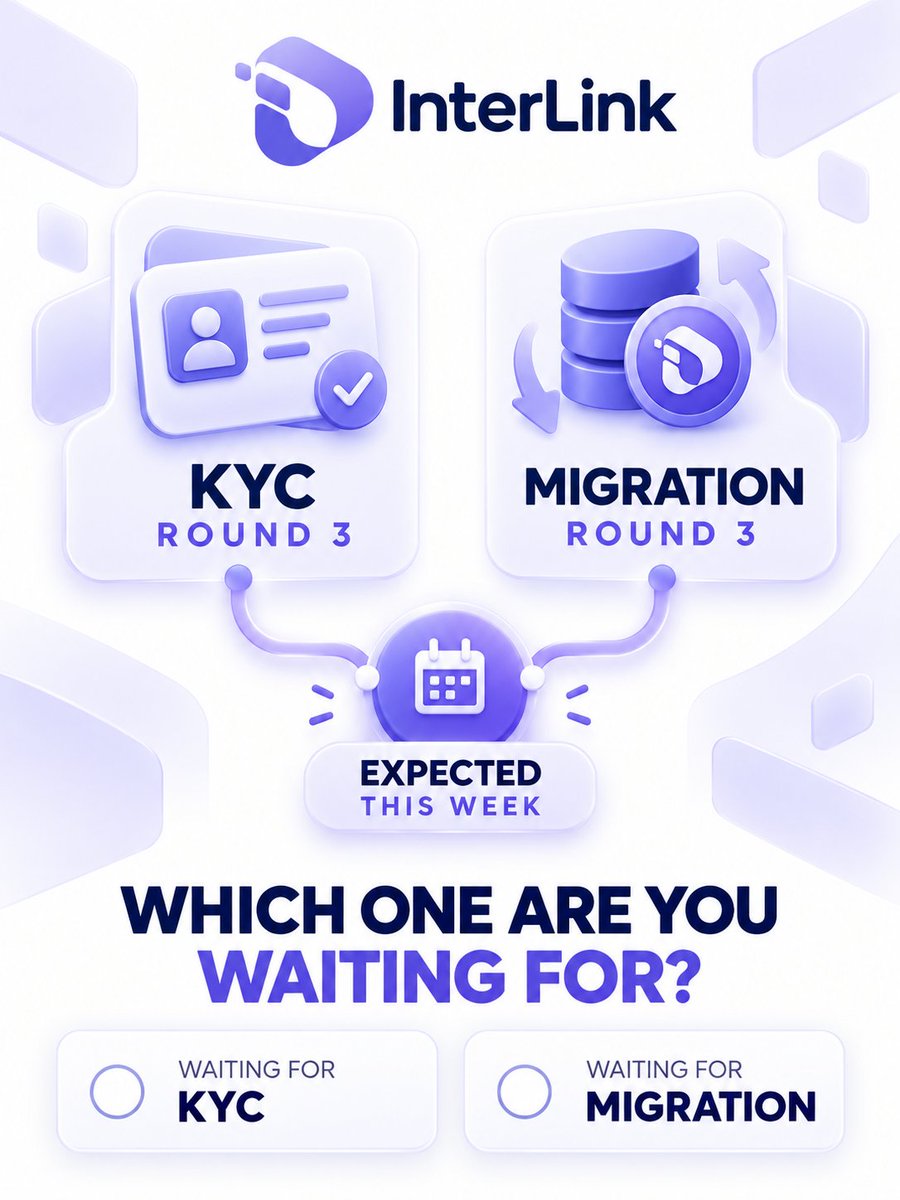 interlinklabusa's tweet photo. If you are still waiting for KYC or Migration, this week could be very important. 👀

According to the shared update, KYC Round 3 and Migration Round 3 are both expected to begin this week.

More users may have the opportunity to be verified.
More eligible Linkers may move to the next stage.
Which update are you waiting for more: KYC or Migration?

#InterLink #ITL #ITLG