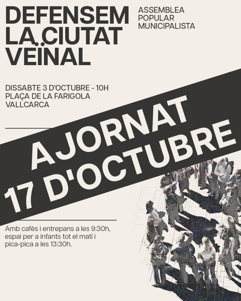 apmbarcelona's tweet photo. Atenció! 

Atès que aquest dissabte 3 hi ha convocada jornada de lluita per l'habitatge, ajornem la II Assemblea Popular Municipalista fins al 17 d'octubre, mantenint hora i lloc.

Disculpeu les molèsties i donem suport al moviment per l'habitatge. Defensem la Ciutat Veïnal! https://t.co/jNzSSTh6Zt
