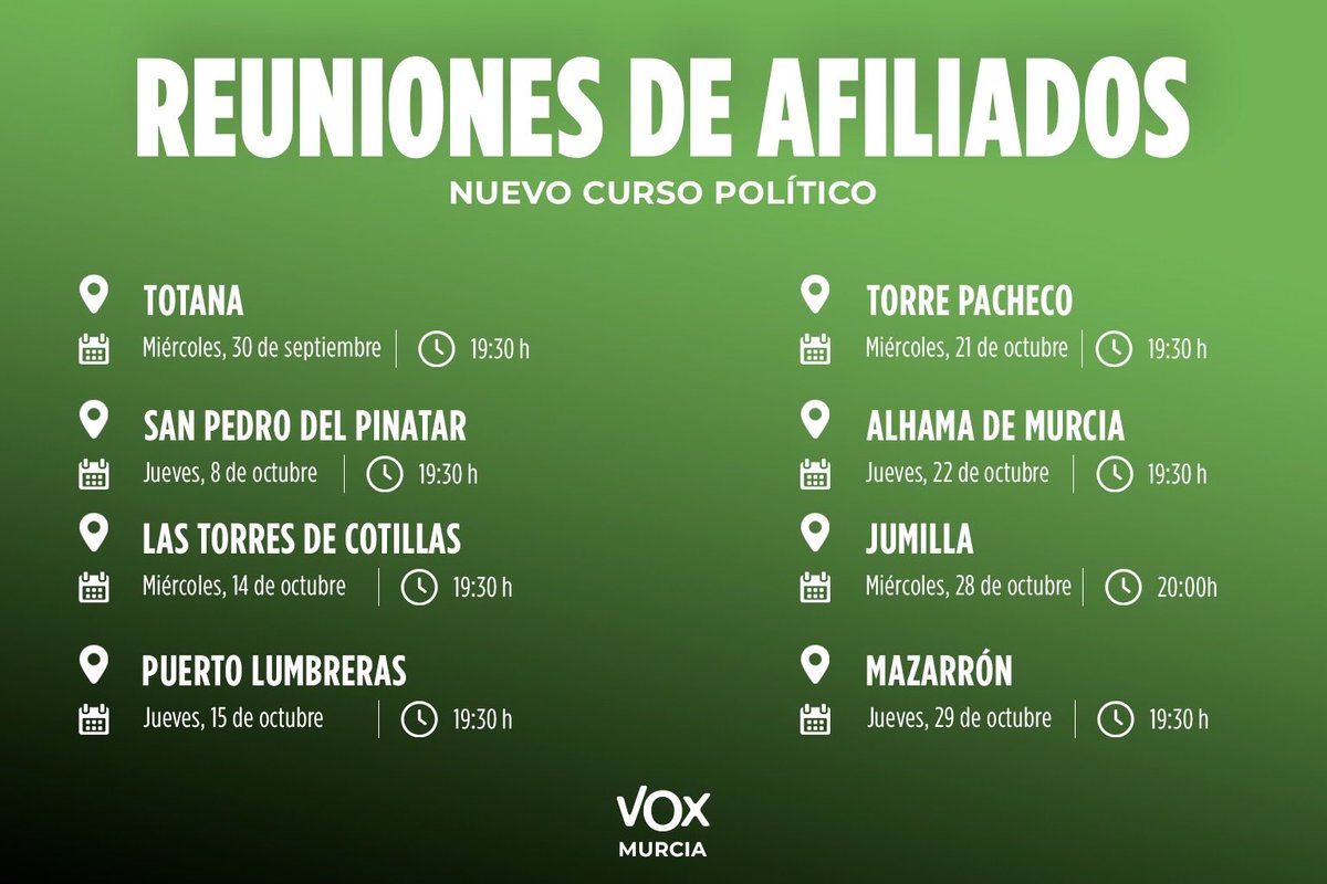 Vox_Murcia's tweet photo. 🟢Calendario de reuniones con nuestros afiliados.

Seguimos recorriendo la Región para escuchar, recoger propuestas y seguir construyendo una alternativa cada vez más fuerte. https://t.co/mRkeRLXP1W
