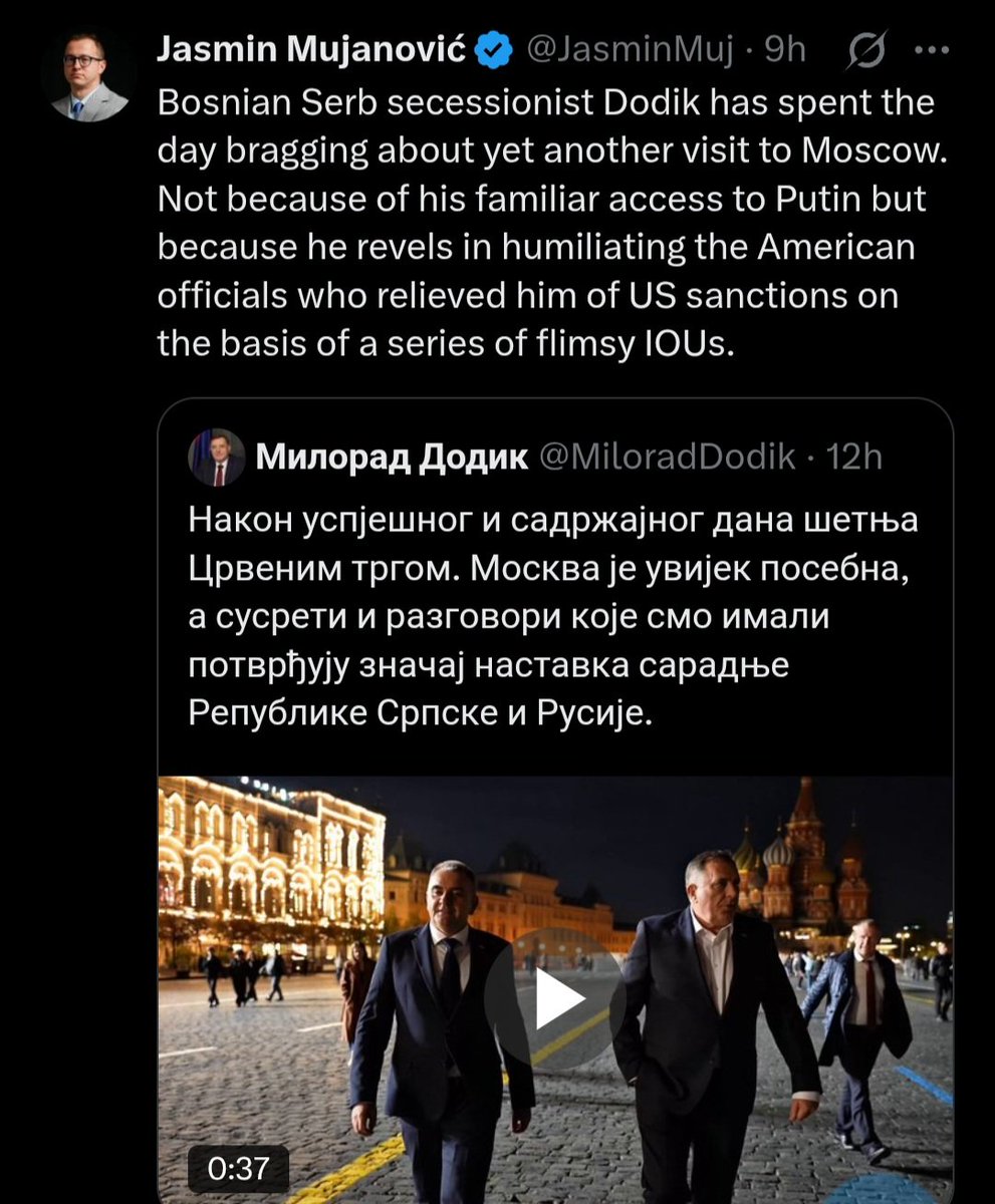 OKesic0430's tweet photo. I always enjoy reading these tirades of hate and angst. Of course, he conveniently skips Dodik's meeting with Netanyahu, Serbian BiH member, Zeljka Cvijanovic's often White House meetings, as well as warming relations with several EU member states, those are simply inconvenient for his nationalistic emotions.  By the way, perhaps he conveyed messages from D.C or Tel Aviv?