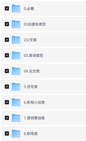 A screenshot of a file directory showing numbered folders with Chinese labels: 0.必看, 01自媒体类型, 2公文类, 03.英语类型, 04.论文类, 5.仿写类, 6.影视/小说类, 7.营销策划类, 8.职场类.