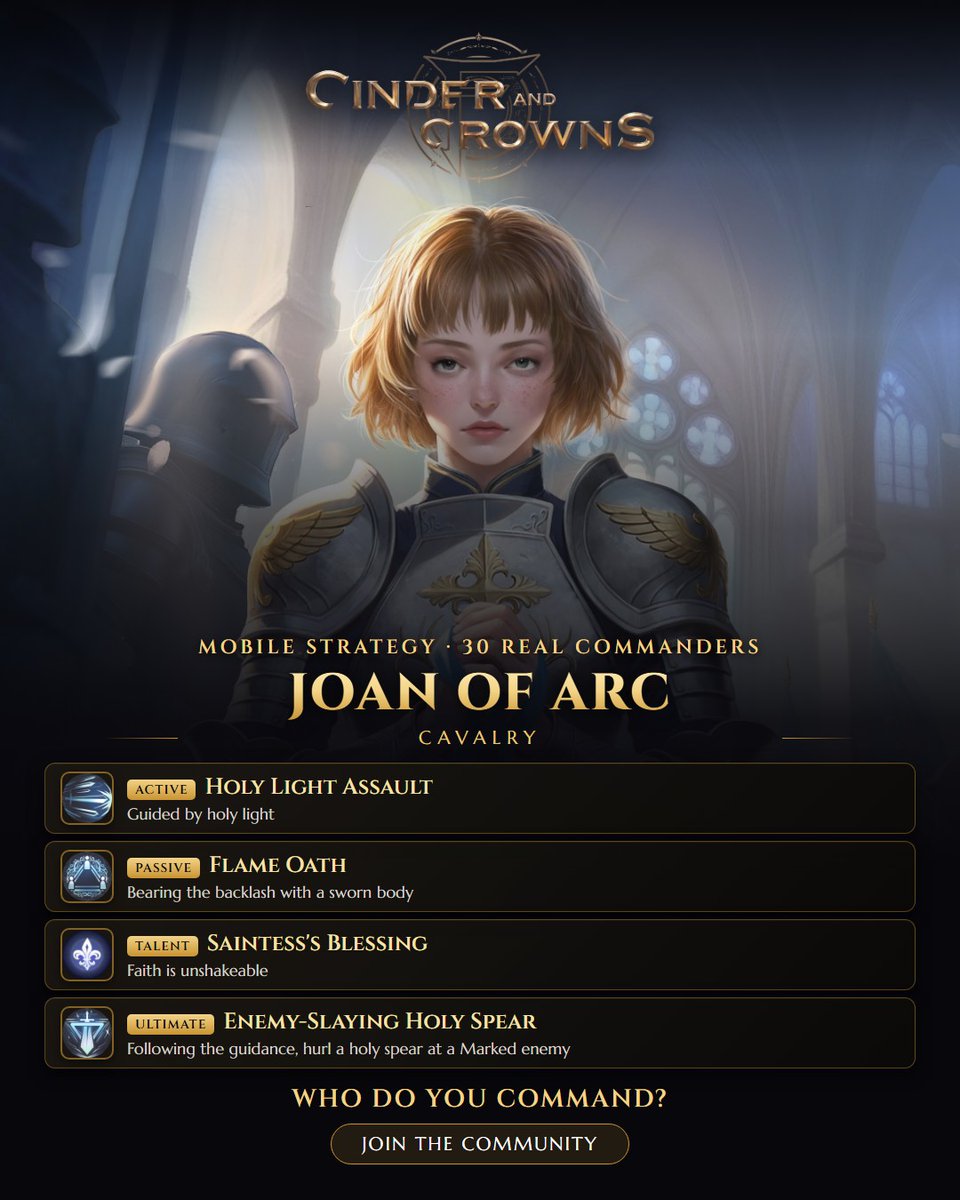 CinderNCrowns's tweet photo. Joan of Arc · Cavalry — Guided by holy light Join us 👉 https://t.co/ZelSeeevGs #CinderCrowns #StrategyGames https://t.co/Zgx4qLSaeP