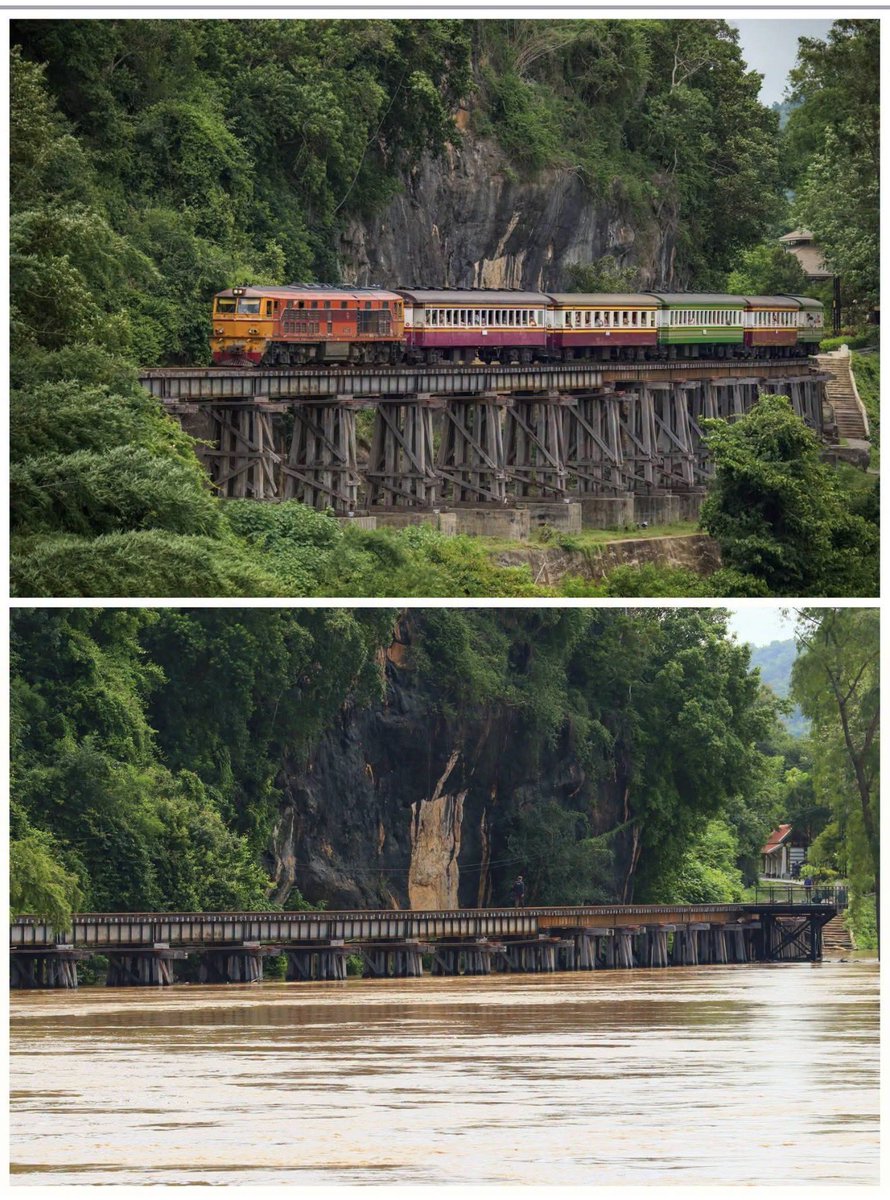 ThaiTrainGuide's tweet photo. Before and after photos showing the height of the river today at Tham Krasae wooden trestle bridge on the Death Railway. This section of the line in Kanchanaburi is closed due to flooding. 

📸 Photos: https://t.co/KcRV7rne5K

#ThailandByRail #ThaiTracks #RailTourism #Thailand #รถไฟไทย #นั่งรถไฟเที่ยวไทย