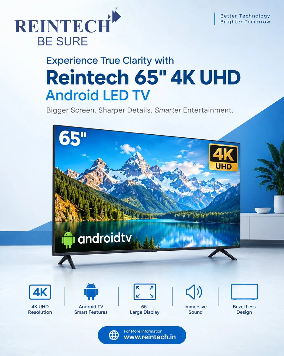 ReintechPvtLtd's tweet photo. Bring home the Reintech 65" 4K UHD Android LED TV — designed for stunning clarity, immersive entertainment, and a smarter viewing experience
🌐More Info: https://t.co/oDZ3Lw2WG4
#Reintech #ReintechElectronics #4KTV #SmartTV #AndroidTV #LEDTV #65InchTV #4KUHD #HomeEntertainment https://t.co/TjI3kfyUuo
