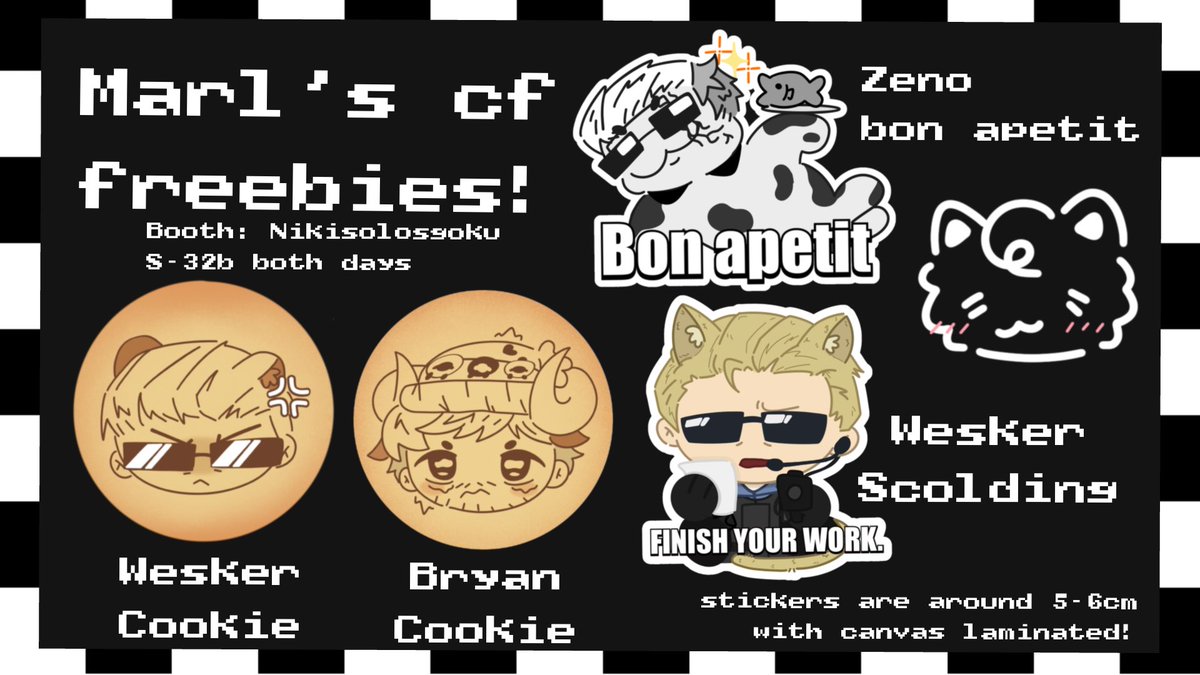 whodismarl's tweet photo. HAI HAIIII Marl here,,,,I’m giving out resident evil freebies for this comifuro! You can come to Booth number S-32b both days, the booth is Nikisolosgoku if you want to take these! or maybe trade😳 please comment so I know how many pcs I should prepare beforehand! ( ⸝⸝´꒳`⸝⸝) https://t.co/qa3FgFmw3j